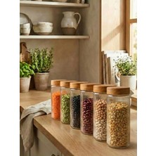 leela Home 6'lı Set Ahşap Desen Kapaklı Cam Saklama Kabı 1350 ml - Açık Kahve