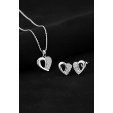 Erdobia 925 Ayar Gümüş Rodyum Kaplama Zirkon Taşlı Minimal Kalp Kolye-Küpe 2'li Set