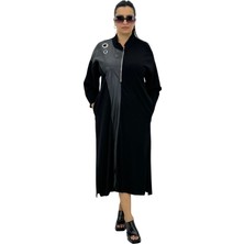 DARKWIN Büyük Beden Kadın Viskon Deri Detaylı Uzun Kollu Yarım Fermuarlı Uzun Elbise