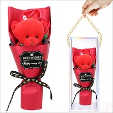 Süsle Bebek ve Parti Pvc Kutulu,pelüş Ayıcıklı Yapay Güllü Mini Çiçek Buketi 26CMX8,5CM