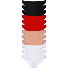 MiraLive 12 Adet Süper Eko Set Likralı Kadın Slip Külot Siyah Kırmızı Ten Beyaz