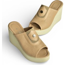 Fox Shoes Y555250703 Bej Hakiki Deri Dolgu Topuklu Kadın Terlik