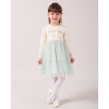 Magu Kız Çocuk Pamuklu Ekru Yazı Baskılı Tül Etekli Sweatshirt Elbise