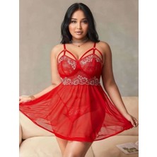 MiraLive Büyük Beden Kırmızı Dantel Işlemeli Tül Gecelik