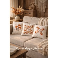 Luna Luxe Home Modern Cottage Serisi Çiçek ve Dal Desen Punch Nakış Dekoratif 3'lü Kırlent Kılıfı Seti (Sıcak Tarçın & Sütlü Kahve)