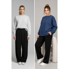 Softandbasic Kadın Geniş Kalıp Bisiklet Yaka Basic Düz 2'li Sweatshirt