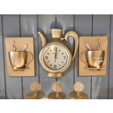 PremiumPort Şık Gold Renkli Duvar Saati ve Fincan Seti, 15X22X15 Cm, Modern Tasarım