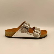 Ametist Perla Gümüş Deri Mantar Taban Ortopedik Terlik