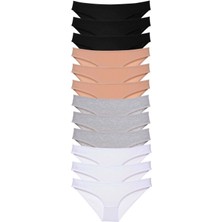 MiraLive 12 Adet Süper Eko Set Likralı Kadın Slip Külot Siyah Ten Gri Beyaz