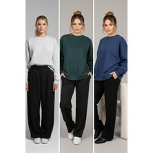 Softandbasic Kadın Geniş Kalıp Bisiklet Yaka Basic Düz 2'li Sweatshirt