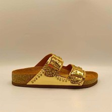 Ametist Perla Altın Deri Mantar Taban Ortopedik Terlik