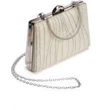 MFT Ayakkabı Kadın Taşlı Abiye Portföy Clutch Zincir Askılı Çanta Beyaz