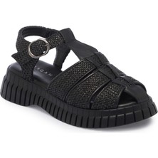 Tergan Siyah Hasır - Deri Kadın Sandalet - K25Y1SN67865-A23