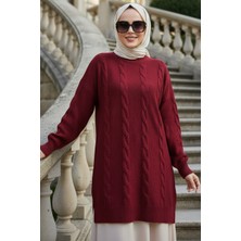 Neva Style Örgü Detaylı Bordo Tesettür Triko Kazak 60051BR