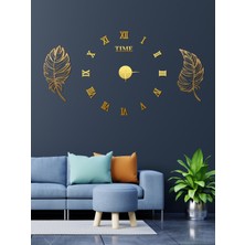 PremiumPort Şık 3D Roma Rakamlı Saat ve Yaprak Pano Seti (Altın Renk)