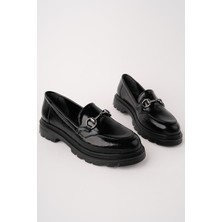 MARSHETTA Viana Model Metal Toka Detaylı Siyah Kırışık Rugan Kadın Loafer Günlük Ayakkabı