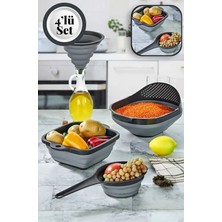 Stile Cucina 4'lü Akordiyon Katlanır Süzgeç Seti - Mutfak Çeyiz Seti - (Akordeon Saplı Pirinç Süzgeci Huni Gri)