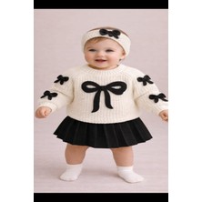 Meriç Bebe Kız Bebek Fiyonklu Selanik Kazak Pileli Etek ve Saç Bandlı 3lü Triko Takım