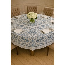 Rona Home Lüks Dijital Baskılı Yuvarlak Masa Örtüsü Güpürlü Mavi Yaprak Desenli Piknik Çeyizlik Yer Sofra Bezi