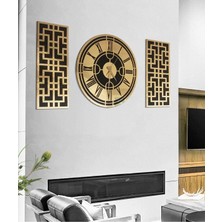 PremiumPort Modern Rakamlı Gold Aynalı Mdf Üzeri 3'lü Duvar Saat Seti