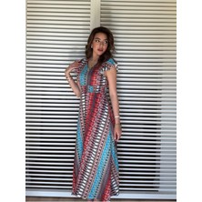 Stelol Kadın Kısa Kollu V Yakalı Desenli Yandan Yırtmaçlı Süprem Elbise