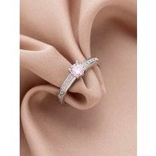 Xuping Pembe Zirkon Taşlı Tektaş Gümüş Renk Yüzük