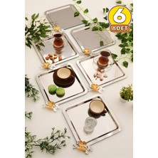 Burenze 6’lı Takım Paslanmaz Kare Kahve ve Çok Amaçlı Sunum Tepsisi Servis Tepsisi Kelebek Detaylı Gümüş