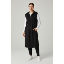 Ece Giyim Kadın Önü Fermuarlı Kapüşonlu Yandan Cepli Yırtmaçsız Spor Penye Yelek