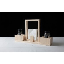 Masif Ahşap Büyük Boy Peçetelik & 2'li Baharatlık Seti - 40X30 cm Masa Düzenleyici Sunum Standı