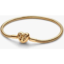 KFS Pandora Aile Ağacı Kalp Tokalı Yılan Zincir Bileklik 14 Ayar Altın Kaplama 925 Ayar Gümüş