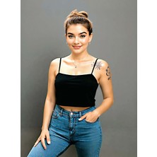 Sedirli Ince Askılı Crop Pamuklu Penye Kumaş Kadın Bluz Büstiyer