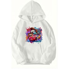 Brz Collection Unisex Oversize - Cars - Mcqueen & Tow Mater Best Friends Hoodie (Beyaz)