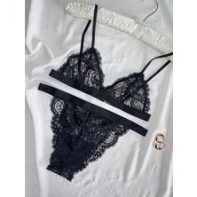 Rozenin Lingerie Siyah Parlak Bant Detaylı Dantelli Bralet Sütyen Takımı