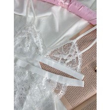 Rozenin Lingerie Ekru Parlak Bant Detaylı Dantelli Bralet Sütyen Takımı