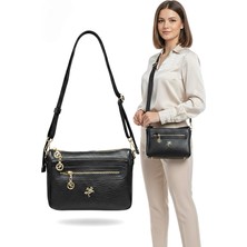 Nas Bag Çok Bölmeli Kadın Omuz Çapraz Çanta Siyah Gold Detaylı Yeni Sezon