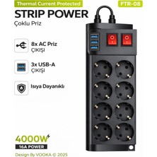 vooka Akıllı Priz Termal Akım Korumalı 8 Prizli Çoklu Akım Prizi | 3 USB 4000W 16A Pd