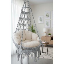 Wood Shut Tek Kişilik Makrome El Örgüsü Salıncak (Açık Gri) Minder ve Askı Demiri Ile MİS38001GRİMA