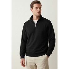 elemge Pamuklu Erkek Sweatshirt Siyah Soft Touch Relax Fit Yarım Fermuarlı Dik Yaka 3 Iplik Nefes Alan