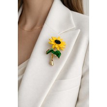 Modex Altın Rengi Yaprak Detay Sarı Ay Çiçeği Broş (4cm)