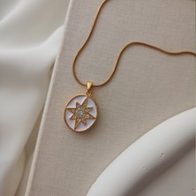 Lente Aksesuar Çelik Zirkon Taşlı Büyük Boy Madalyon Kutup Yıldızı Kolye