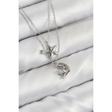 Pirinç Zirkon Taşlı Yıldız ve Ay Model Gümüş Renk Kadın Ke