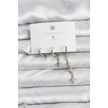 Kutup Yıldızı Model Gümüş Renk Pirinç 3'lü Kadın Küpe Seti