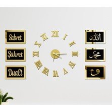 PremiumPort Gümüş Aynalı Pleksi Saat ve 6'lı Dua, Şükret, Sabret Duvar Panosu Seti