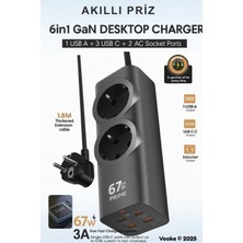 vooka 6in1 67W Gan Akıllı Priz | 3A Hızlı Şarjlı Masaüstü Çoklu Şarj Istasyonu 3 Type-C + 1 USB + 2 Acpriz