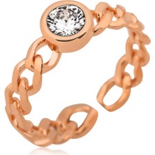 Fumeyabi Gümüş Rose Zincir Desenli Tek Taş Bayan Yüzük