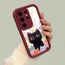 HONTINGA Samsung Galaxy S25 Ultra ile Uyumlu Kılıfı Düşüme Önleyici Basitlik Anti Düşme Kamera Korumali Şirin Kedi Desen Bordo Yumuşak Silikon Telefon Kılıfı K2-7183