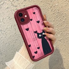 HONTINGA iPhone 12 ile Uyumlu Kılıfı Düşüme Önleyici Basitlik Anti Düşme Kamera Korumali Şirin Kedi Desen Bordo Yumuşak Silikon Telefon Kılıfı K2-7183