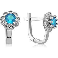 Fumeyabi Gümüş Turkuaz Çiçek Desenli Yuvarlak J Kadın Küpe