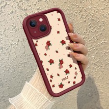 HONTINGA iPhone 15 ile Uyumlu Kılıfı Düşüme Önleyici Basitlik Anti Düşme Kamera Korumali Şirin Rose Desen Bordo Yumuşak Silikon Telefon Kılıfı K2-7184