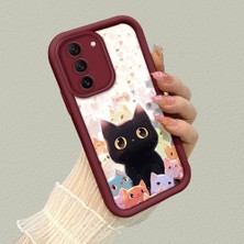 HONTINGA Samsung Galaxy S21 Fe ile Uyumlu Kılıfı Düşüme Önleyici Basitlik Anti Düşme Kamera Korumali Şirin Kedi Desen Bordo Yumuşak Silikon Telefon Kılıfı K2-7183